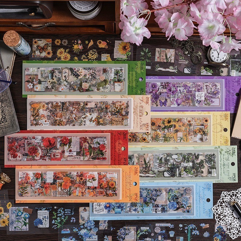 

[Gongjin] 6 Lembar Sticker PET SJJA Kiss Cut Stiker Season Tahan Anti Air Bunga Flower Retro Estetik
