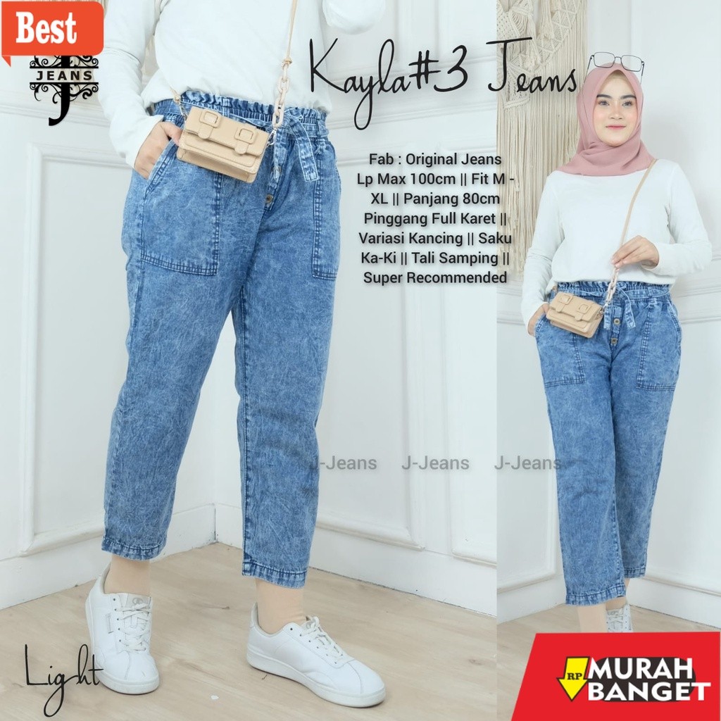 celana jeans wanita terbaru KAYLA #3 - Celana Baggy Jeans Kancing Snow High Waist dengan Tali Gesper