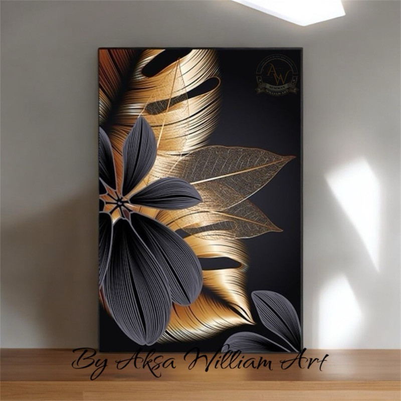 

lukisan bunga modern art painting black and gold