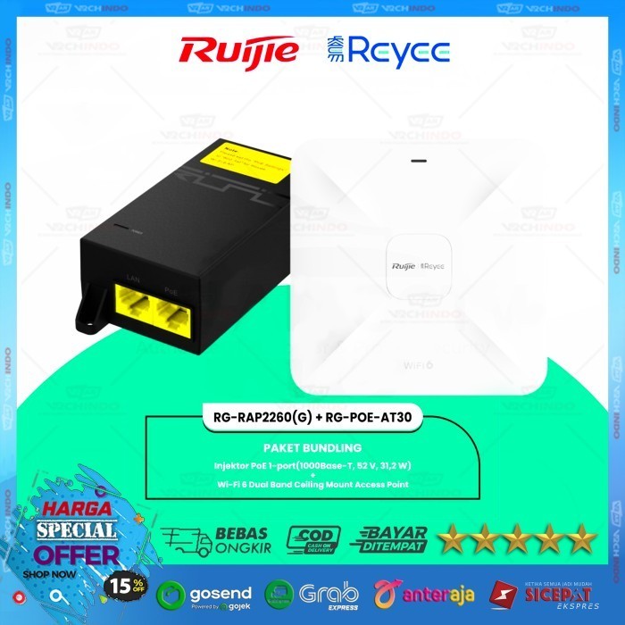 PAKET Ruijie RG-RAP2260(G) + RG-POE-AT30 Access Point + PoE Injector 