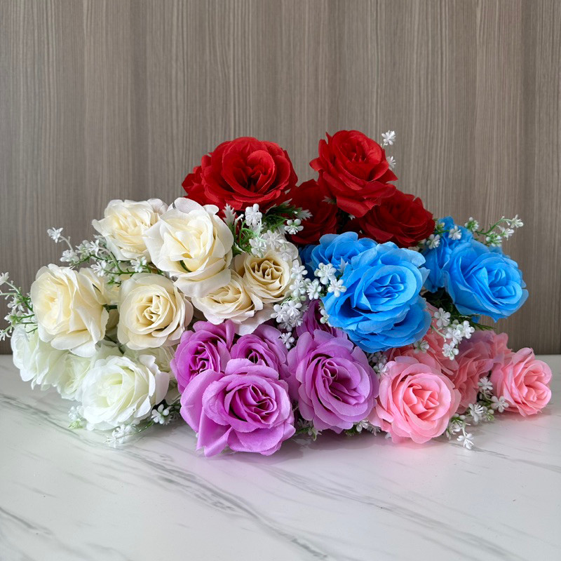 Bunga Mawar Rose Artificial 1 Tangkai 5 Cabang Premium Mekar Bunga Sintetis Dekorasi Hias Plastik Bu