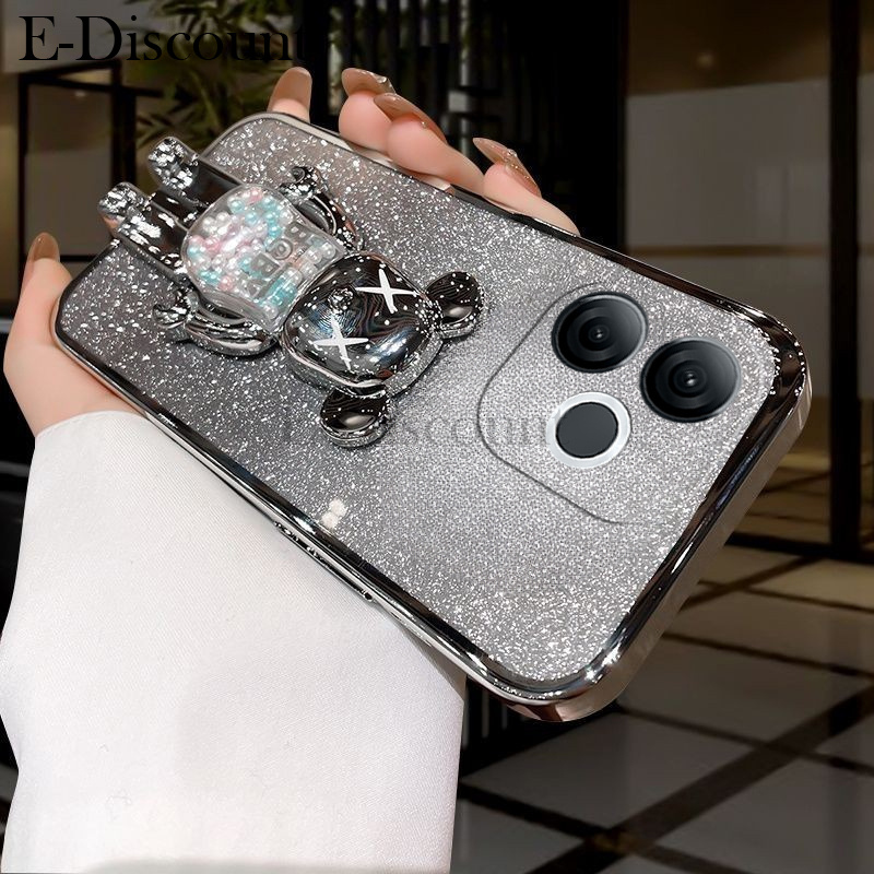 New Phone case itel A80 Back cover with Cartoon 3D Bear Stand Luxury Slim Gradient Plating Glitter G