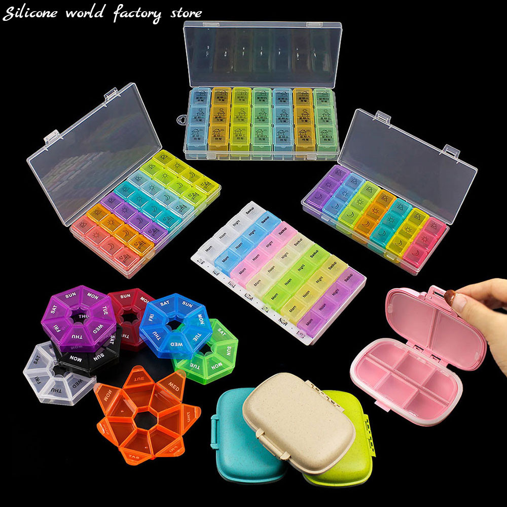 

Silicone World Portable 7 Days Medicine Box Weekly Pills Box Color Plastic Pill Storage Box Travel Sealed Sub Packaging Box