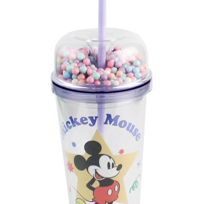 MINISO Disney Double Wall Plastic Tumbler - Tumbler Mickey Mouse Lucu - Water Bottle With Straw - Bo