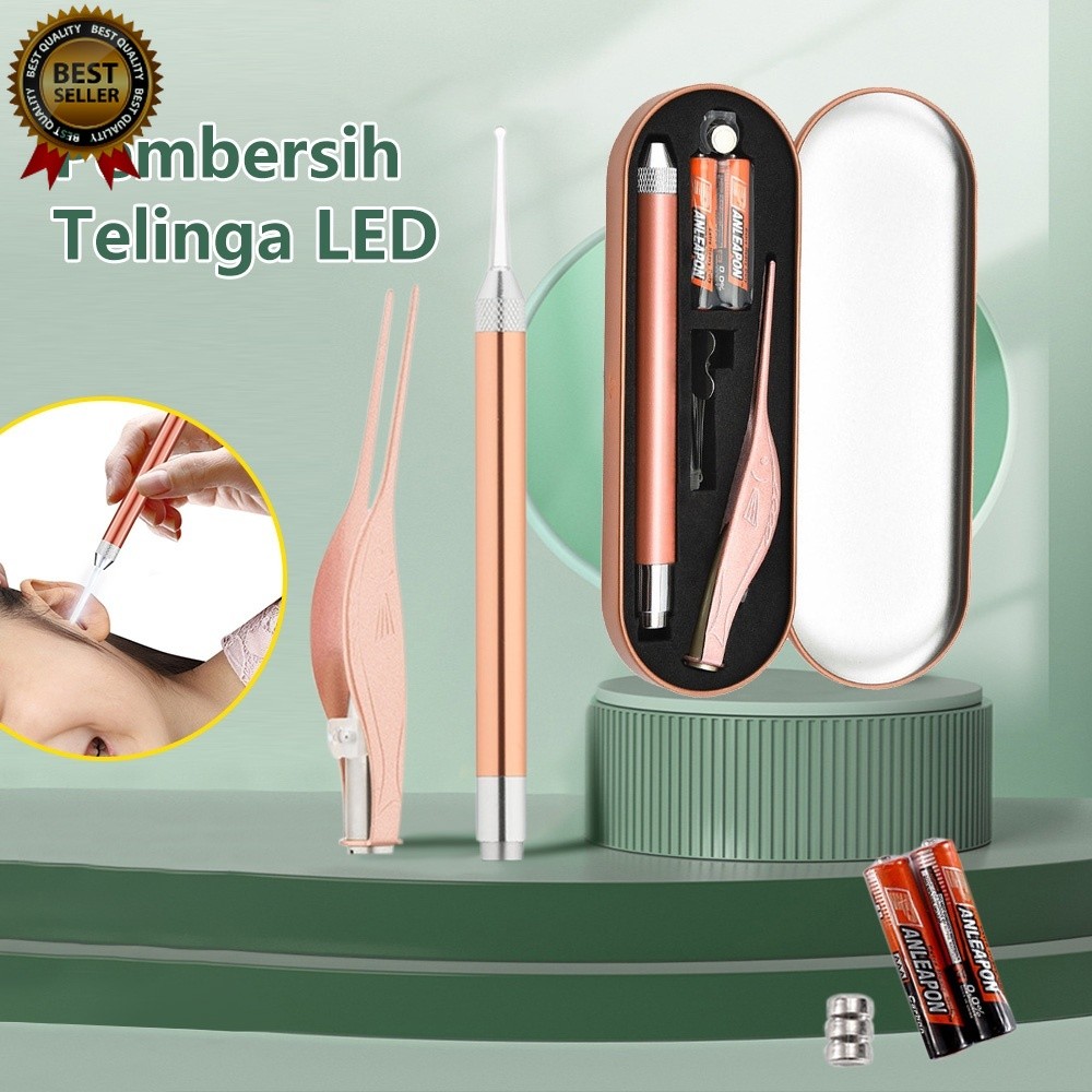 Victoky Alat Pembersih Telinga Stainless Set /  Korek Kuping LED Lampu Senter