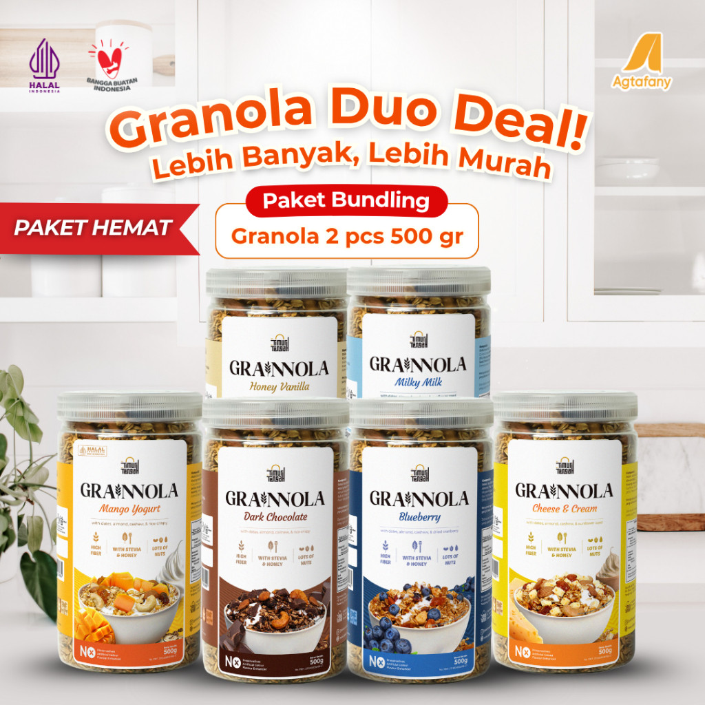 

[Paket Hemat] 2 pcs Grainnola Dark Chocolate Coklat Vanilla Honey Blueberry Mango Yogurt Cheese and Cream Milky Milk Timur Tengah 500 gr | Cemilan Granola Sehat Sereal Makanan Kaya Serat