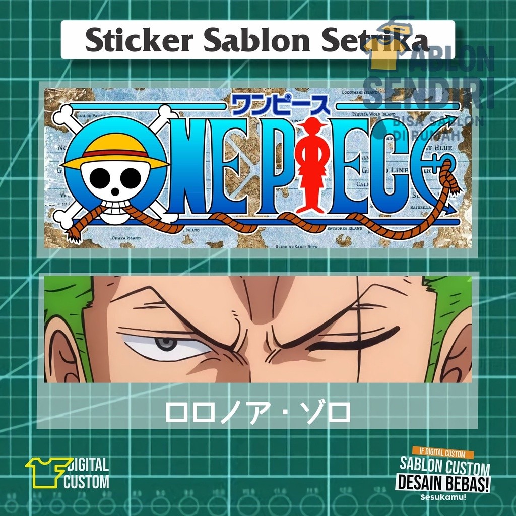 

Stiker Kain Sticker Sablon Setrika DTF Anime One Piece Zoro Luffy IF Digital Custom Satuan Siap Press