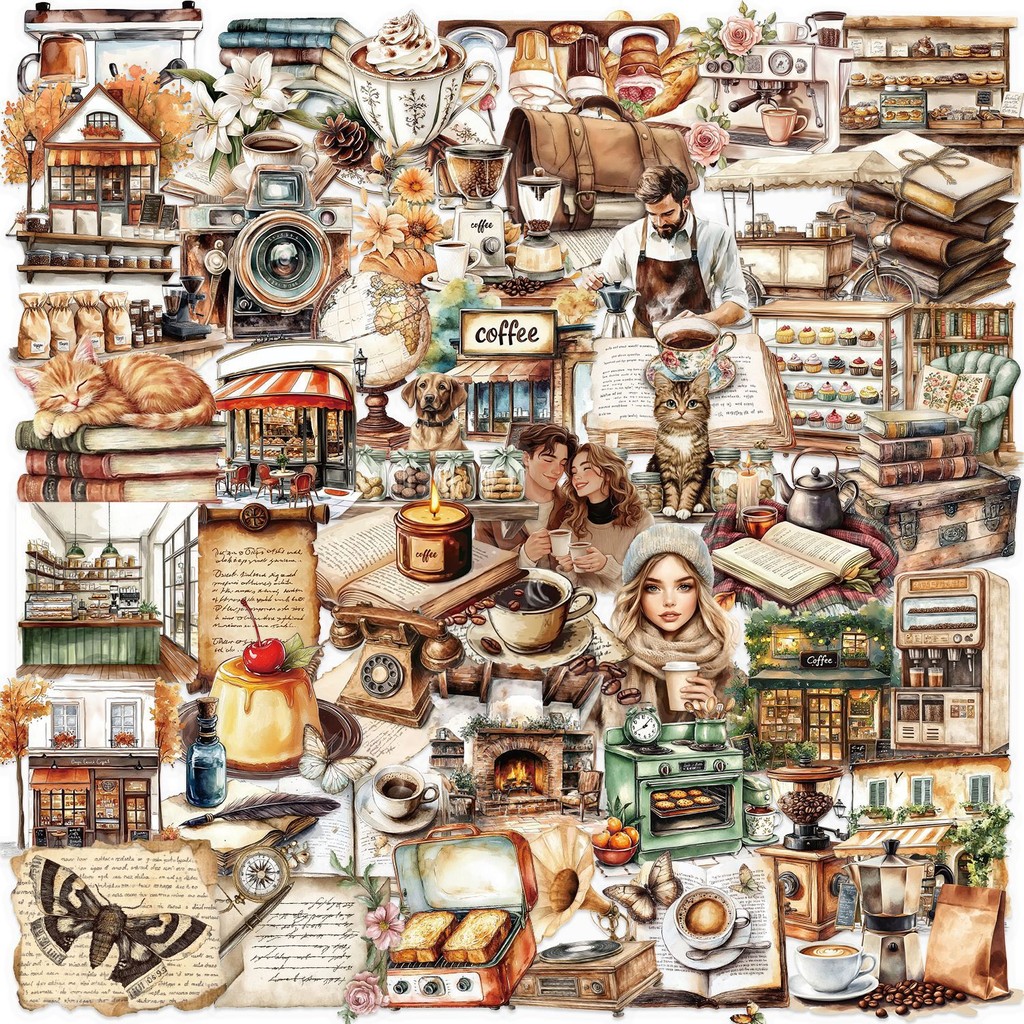 

50 Pcs Transparent Ins Retro Coffee Sticker Pack Waterproof Transparent PET Ledger Material Decor Guitar Notebook Stationary