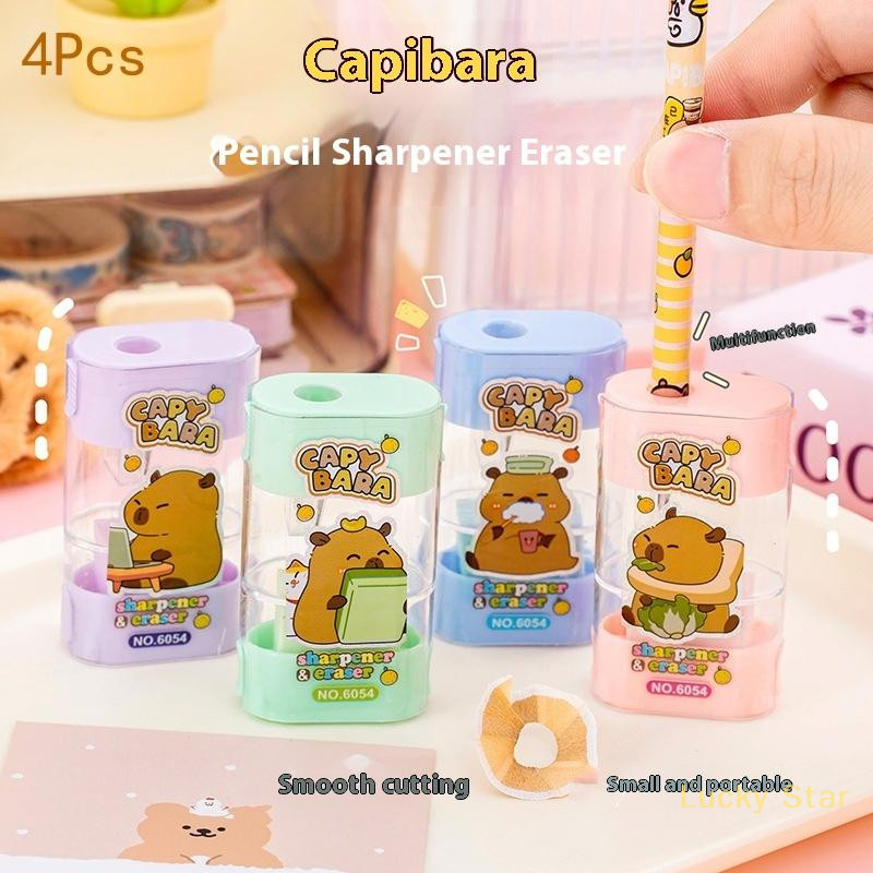 

4Pcs Creative Cartoon Capybara 2In1 Manual Pencil Sharpener Eraser Cute Children's Stationery Gift Student School Supplies