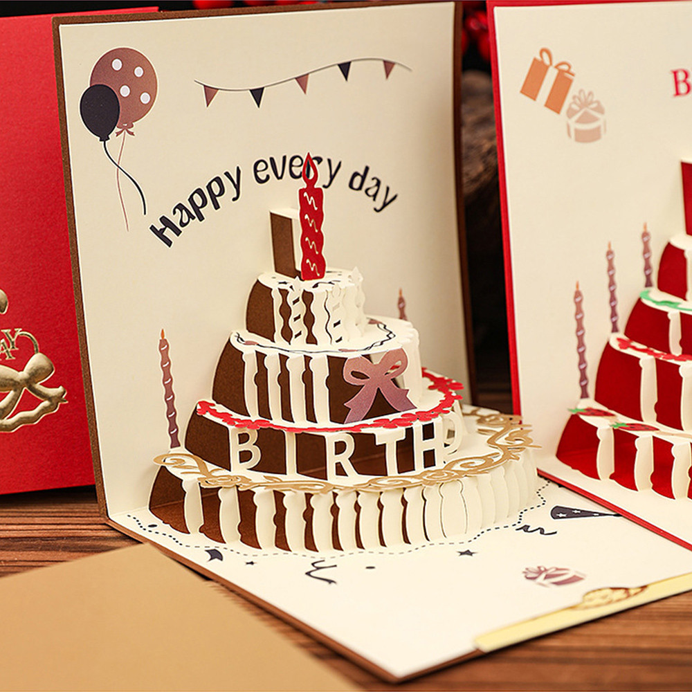 

New Ins 3D Pop-up Birthday Cake Shape Greeting Cards Birthday Card Postcard Party Wedding Decor Creative Gifts Cards