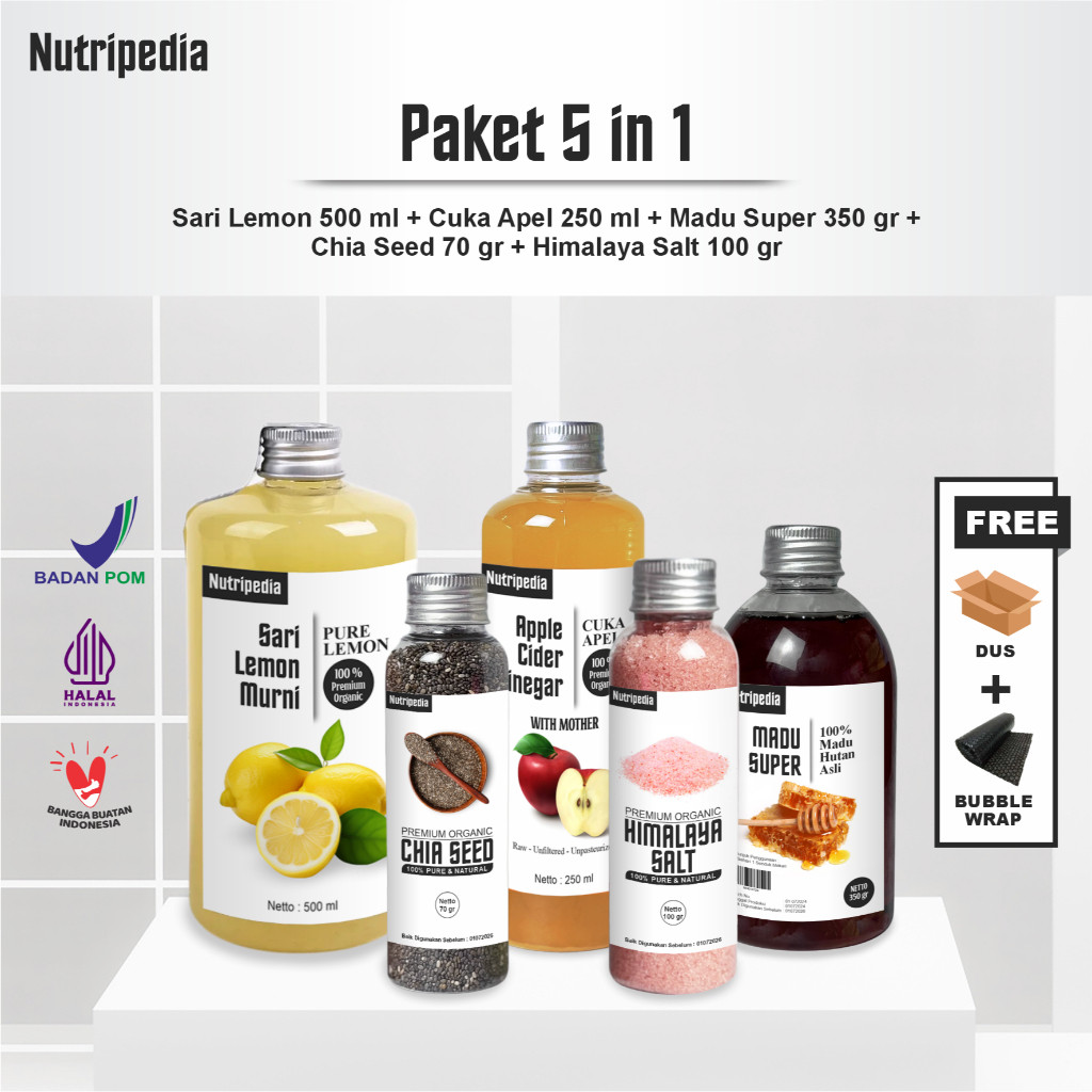 

Nutripedia Paket Diet 5in1 - Cuka Apel, Sari Lemon, Chia Seed, Madu Hutan, Garam Himalaya
