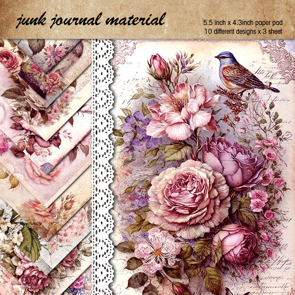 

30pcs Vintage Rose Scrapbook Paper Pad,Floral Single-Sided Decorative Craft Paper for DIY Crafts,Album Art,Scrapbooking Supplies