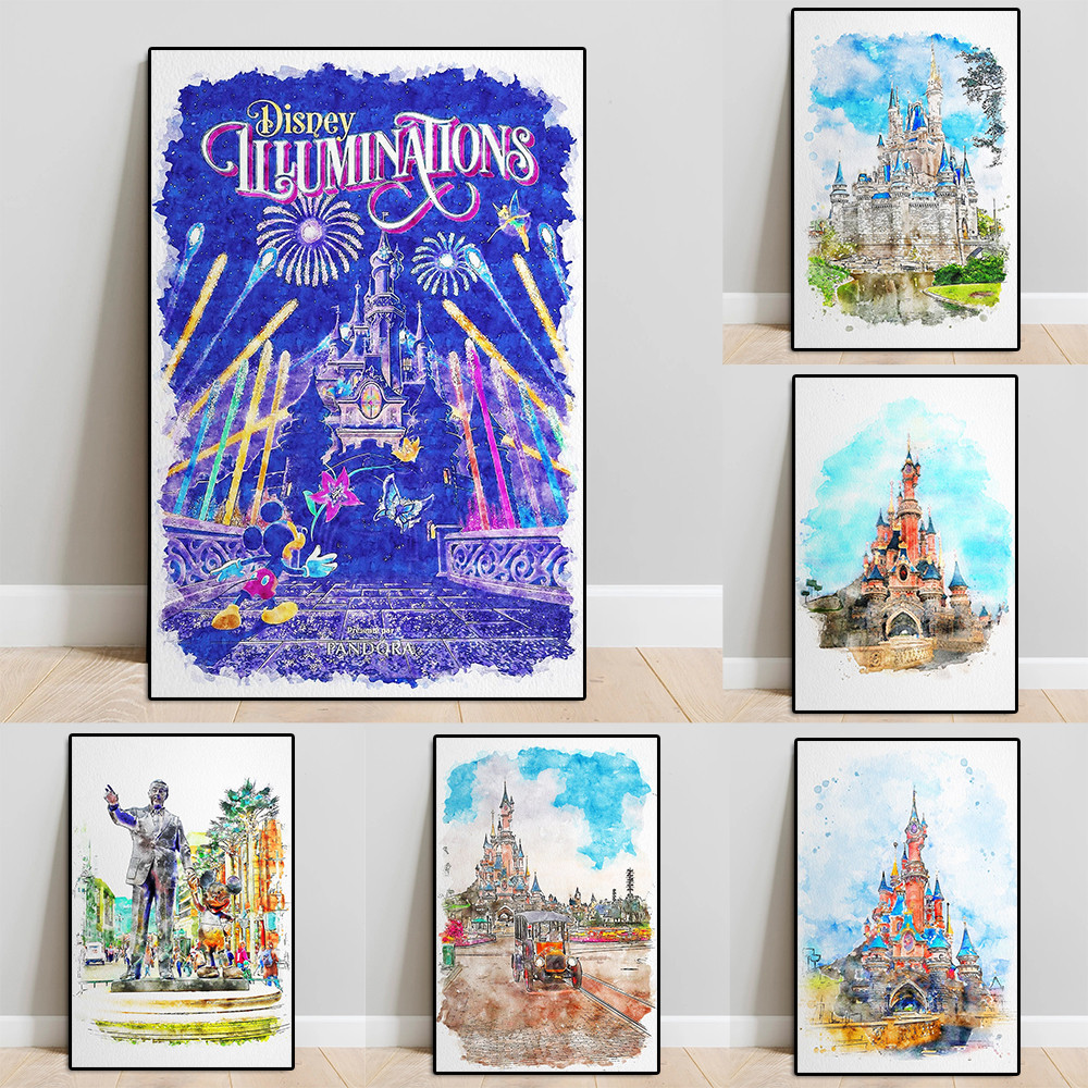 

Disney Fantasy Castle Mickey Mouse Watercolor Poster Print Abstract Cartoon Disneyland Canvas Painting Wall Art Room Home Decor