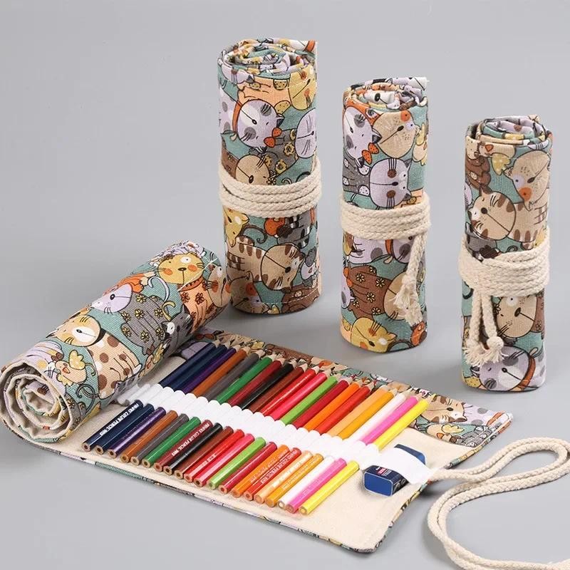

12/24/36/48/72 Holes Cute Cats Canvas Roll Up Pencil Case School Students Supplies Brush Pen Bag Cute Pencil Cases Stationery