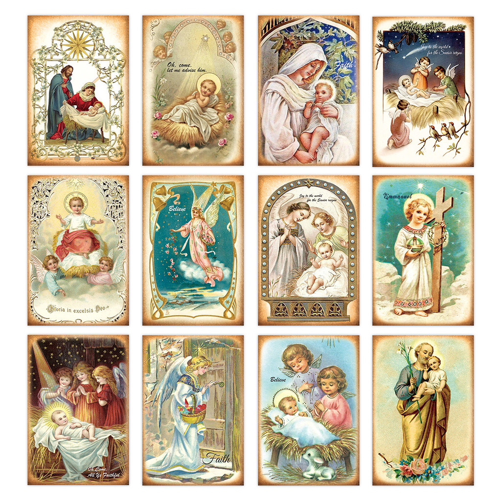

12pcs Vintage Cards, Religious Antique Prayer Holy Cards,Jesus' Birth & Christian Blessings Postcards, Decor