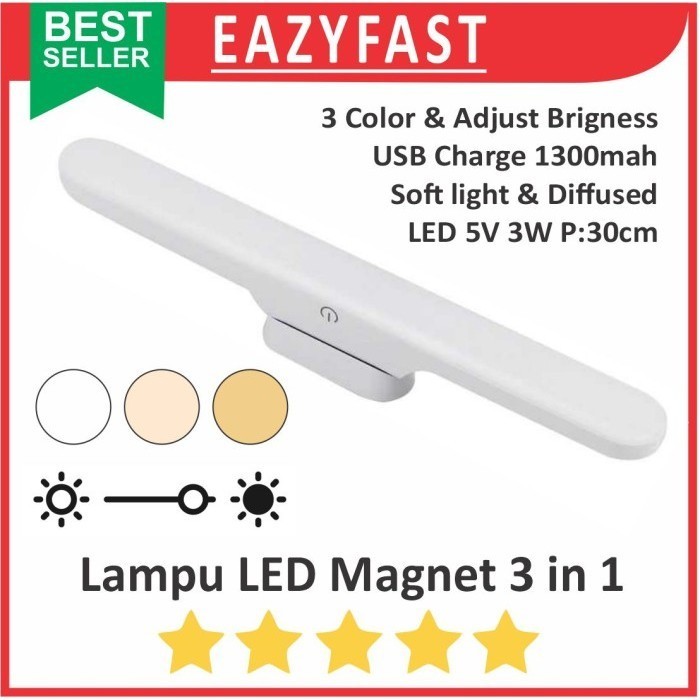 Lampu Tempel LED Magnet 3in1 USB Charge 5V 3W 3 Warna Color Putih White Warm Dinding Cermin Make Up 