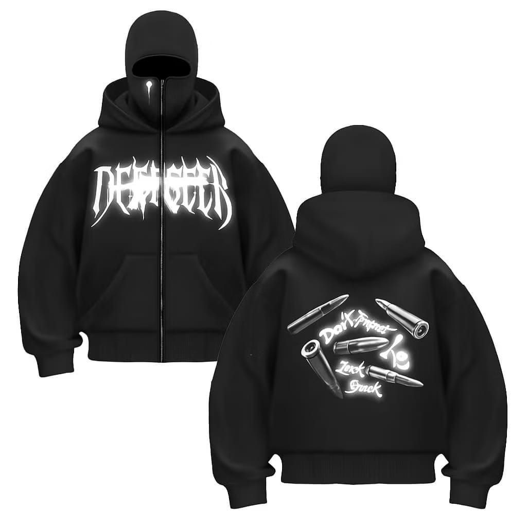 Hoodie Balaclava Zipper Reflektif Sablon Nyala Frenemy Jaket Boxy Hitam Pria Wanita