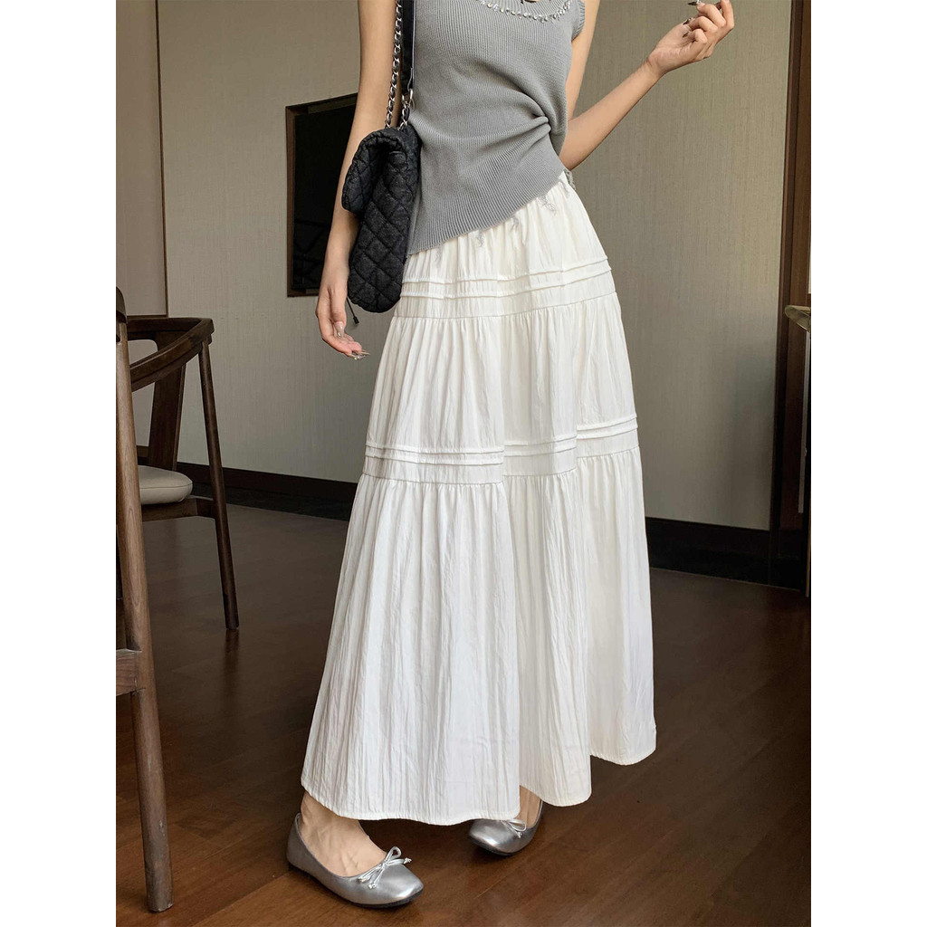 sale qlioo rok a-line putih gaya korea rok panjang pinggang tinggi wanita rok wanita terbaru rok