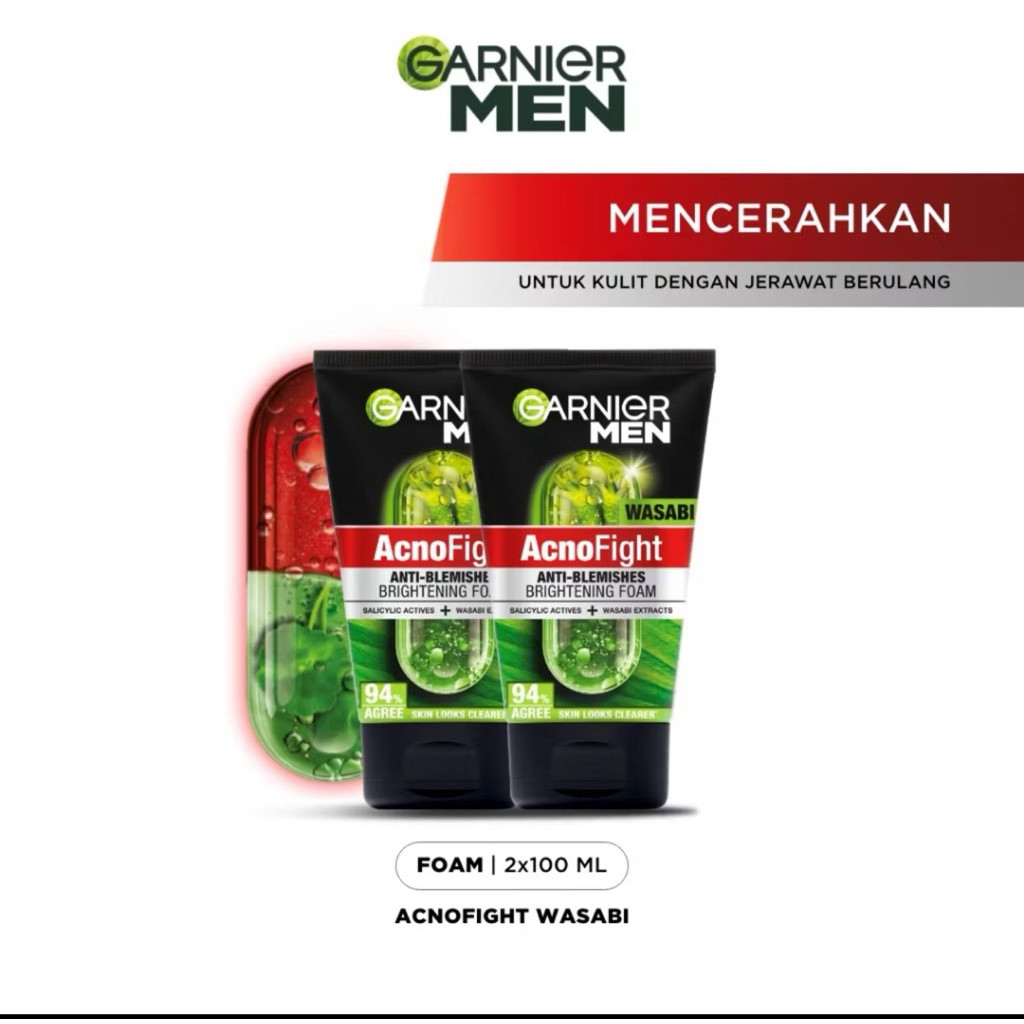 Garnier Men Facial Wash 100ml 2Pcs Sabun Cuci Muka Pria - Face Wash Acno Fight Turbo Bright Wasabi C