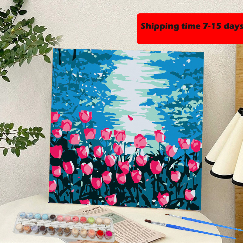 

YL-29062-DIY digital oil painting tulips by the lake hand-painted math coloring oil painting wholesale