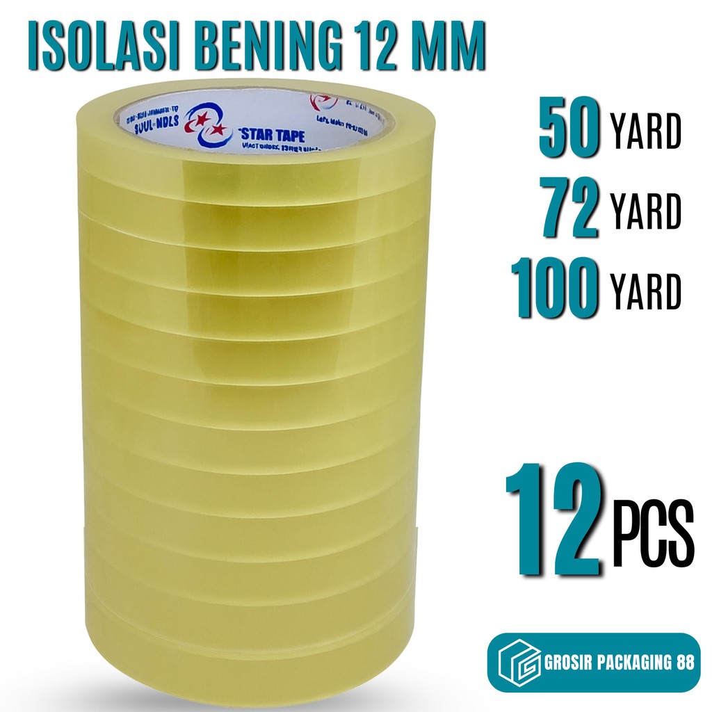 

12 PCS - Isolasi 12MM 72 100 yard | Lakban Bening 1/2 inch