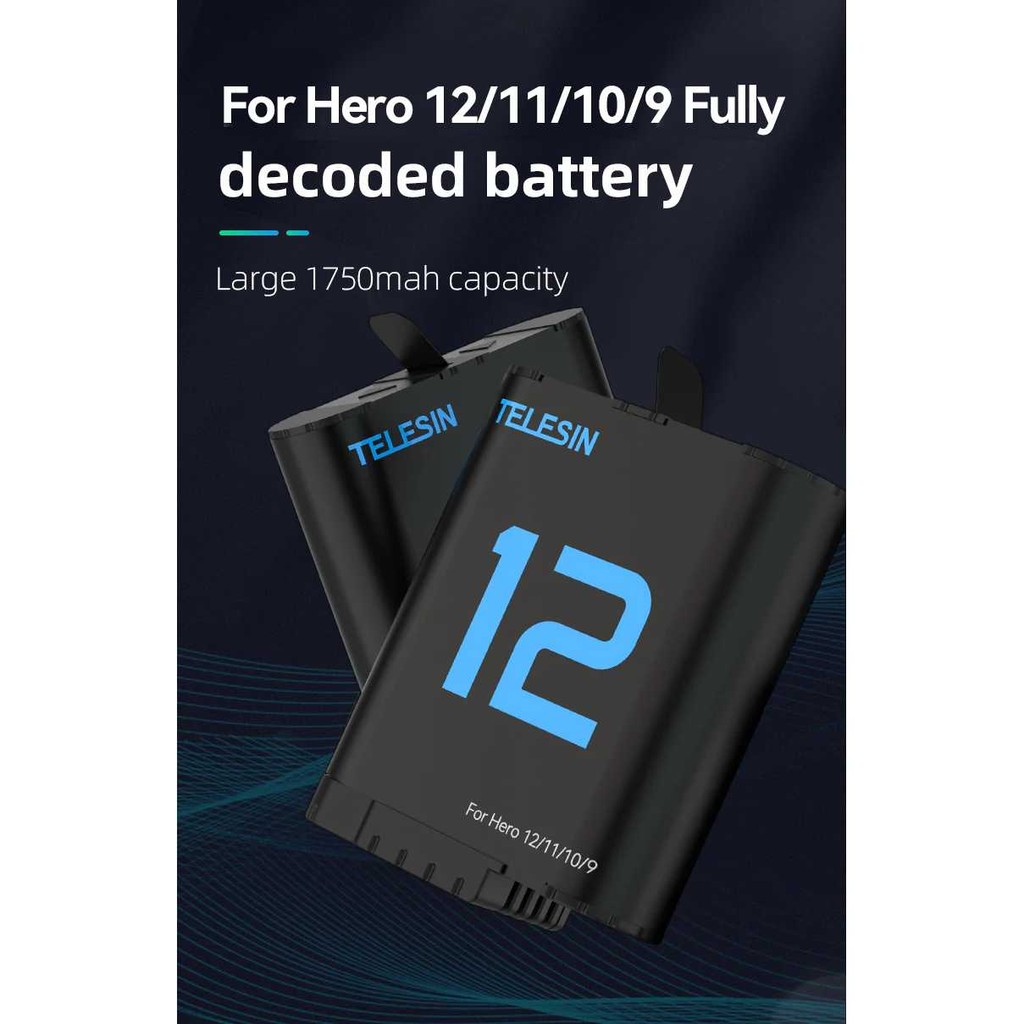 ( 100% ORI ) TELESIN Baterai Kamera GoPro Hero 9/10/11/12 Rechargeable 1750mAh - S0-ECB-02-TGP