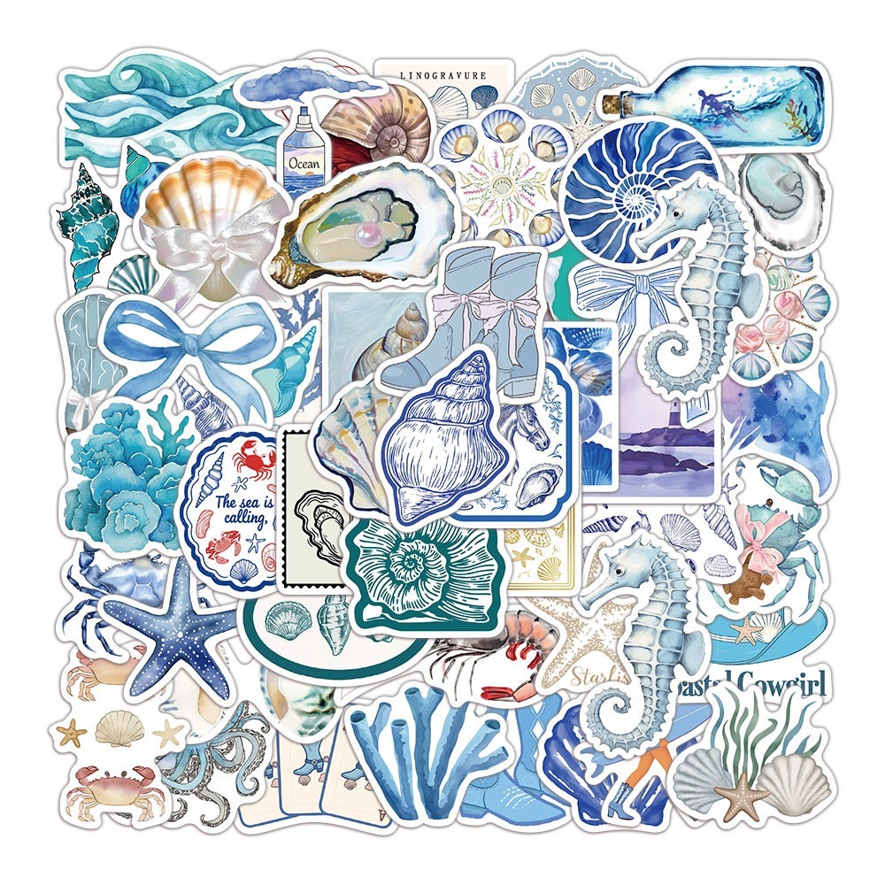 

50pcs Ins Wind Blue Silver Ocean Stickers THE Coastal Aesthetic Cartoon Stickers For Laptops Luggage Skateboards Scrapbooks