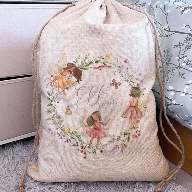 

Personalised custom name gift bag toy Sack Fairy Woodland kid Girl Birthday party Baby Shower Christmas present Nursery Storage