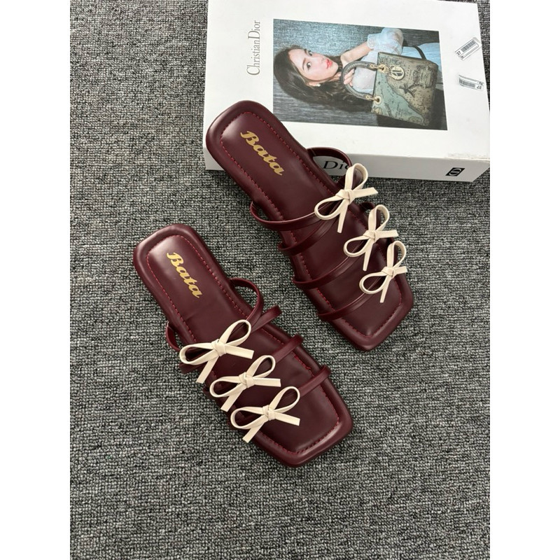 Sandal Wanita Bata Flat Motif Pita Cantik Trendy Sendal Cewek Pita Teplek Slip On Terbaru