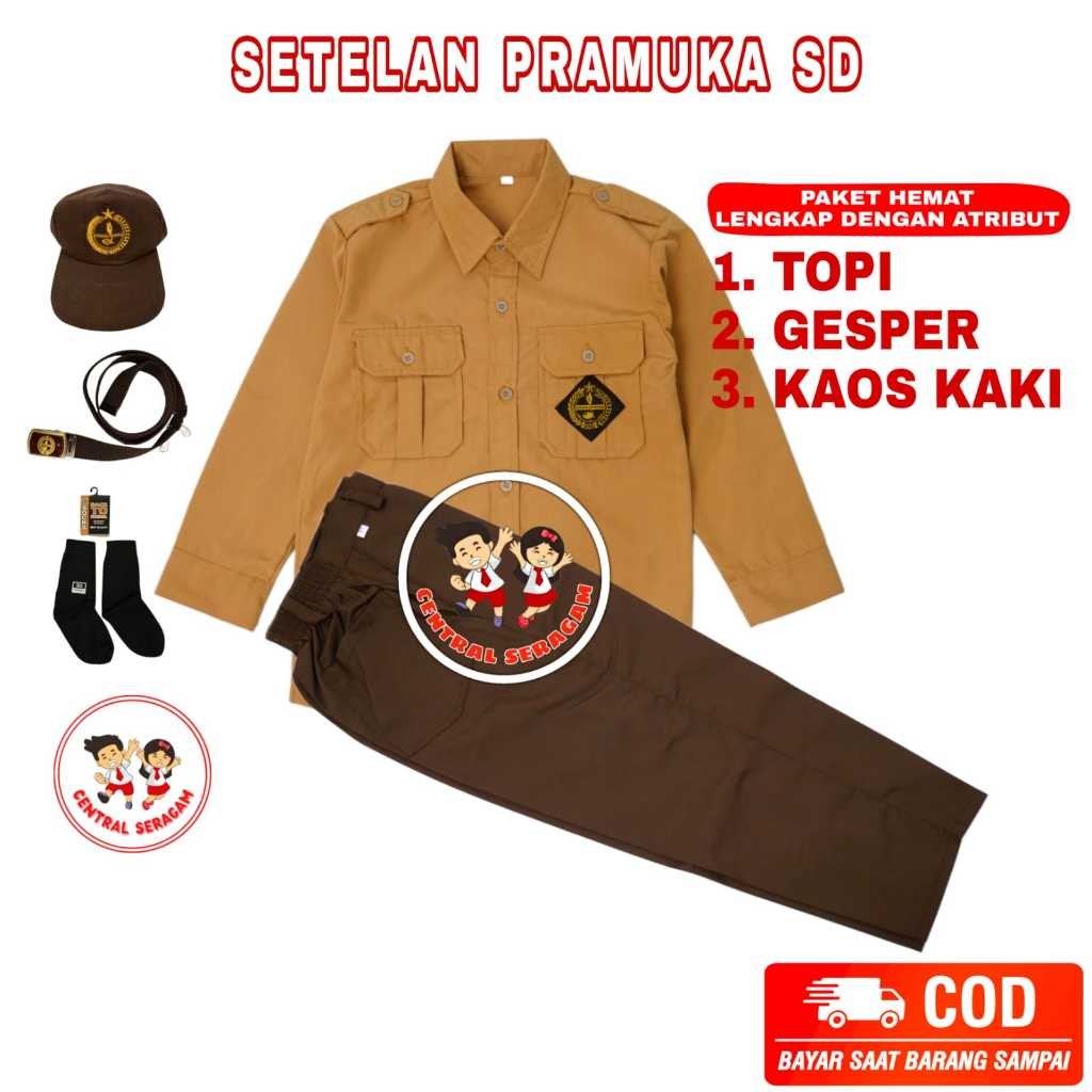 azamtea2STORESetelan Super Lengkap Pramuka Laki Lengan Panjang Seragam Sekolah SD Baju Panjang Celan