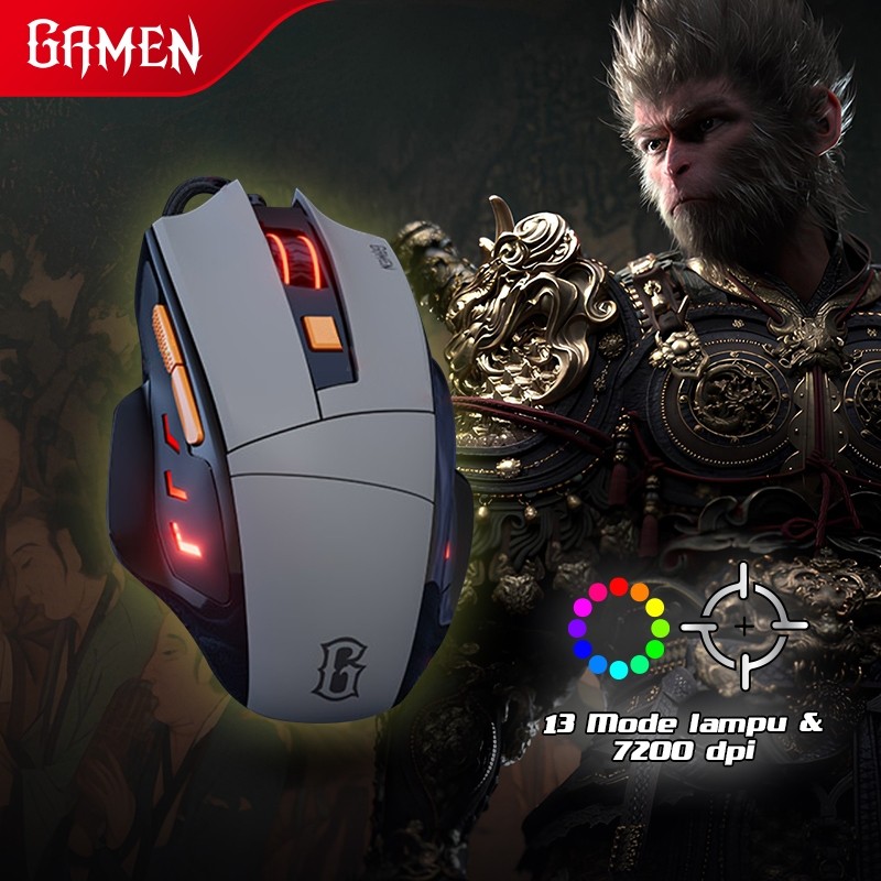 NEW GAMEN Mouse Gaming Kabel 7200 DPI 6 Level DPI 16.8 Juta Warna RGB 13 Mode RGB GM300 Black Myth W