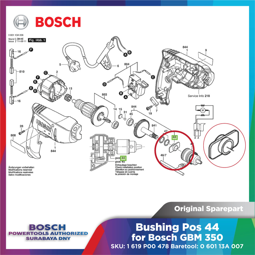 Original Sparepart Bushing for Bosch GBM 350 Pos No 44 Baretool 0 601 13A 007 SKU 1 619 P00 478