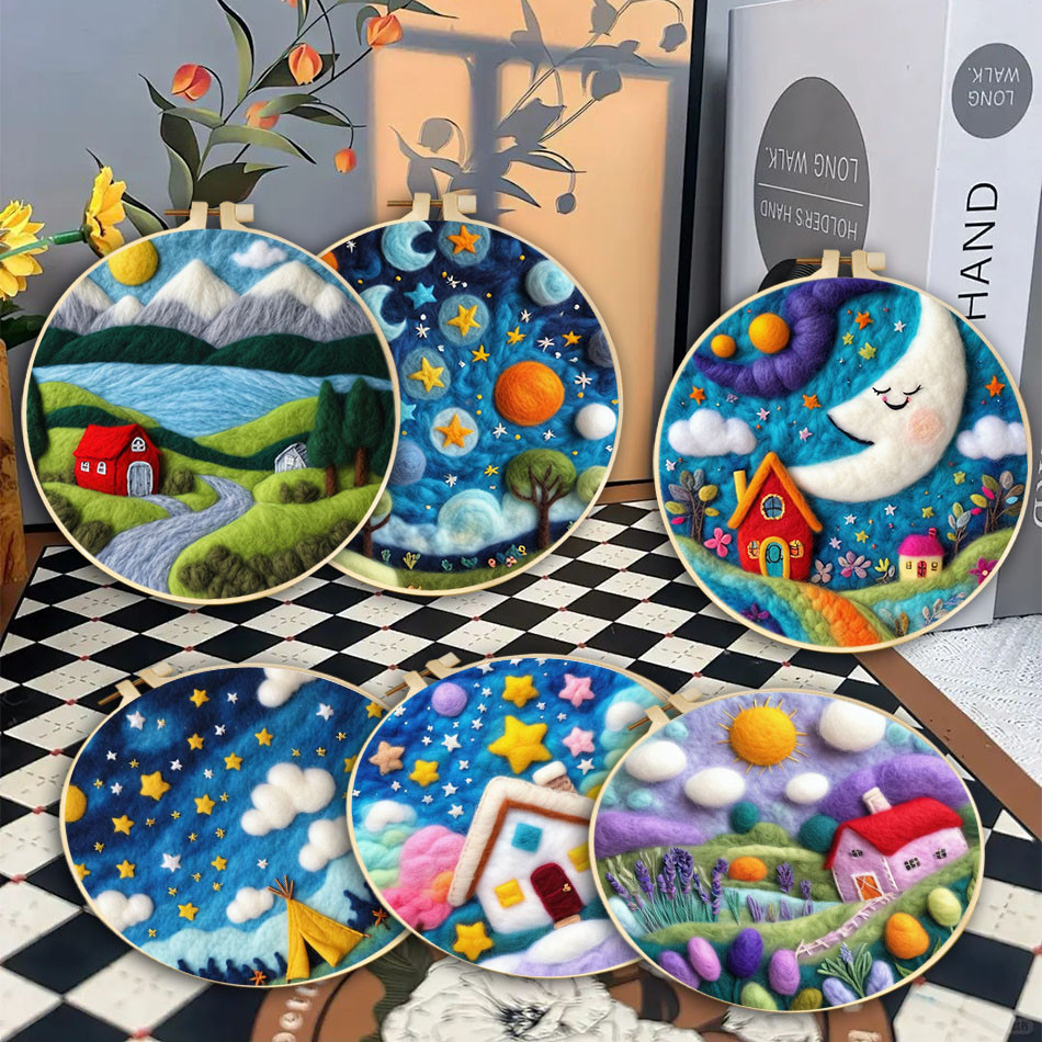 

Wool Needle Felting Painting Kit Night Sky House Scenery Wool Felting Beginner Handmade Needle Picture Craft painting Home Decor