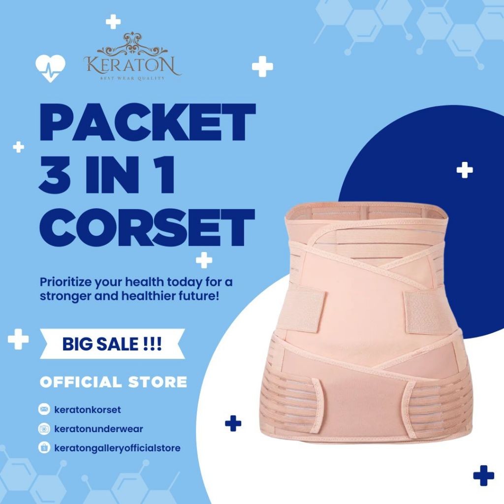 CF45RF KERATON Korset Paket 3 in 1 Stagen Corset Perekat Ibu Pasca Melahirkan Sesar Normal Pengecil 