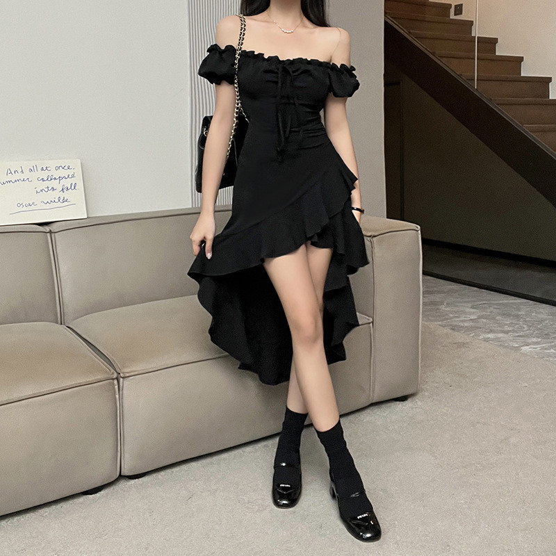 Mullet Ruffled Mini Midi Dress Off Shoulder in Black with Puffy Sleeve Two Style - Dress Casual Kore