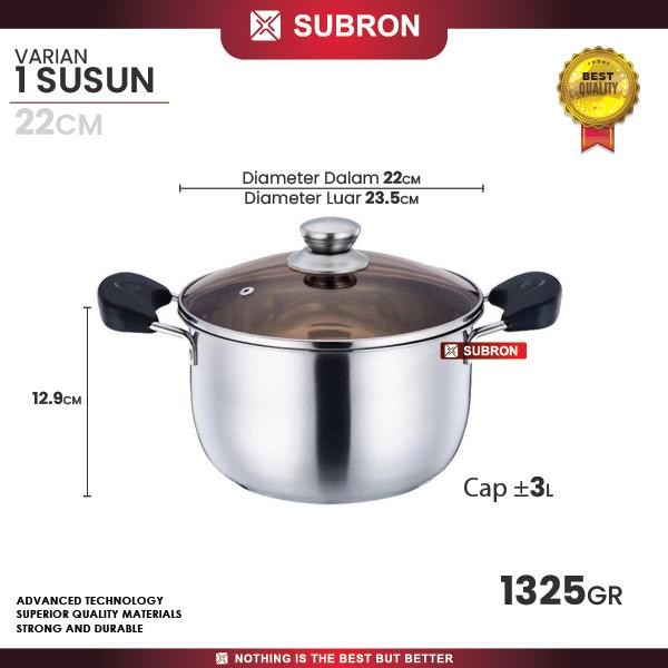 SUBRON Panci Sup 22cm Stainless TEBAL Soup Pot tutup Kaca - 1 SUSUN Subron Panci - Panci Susu Panci 