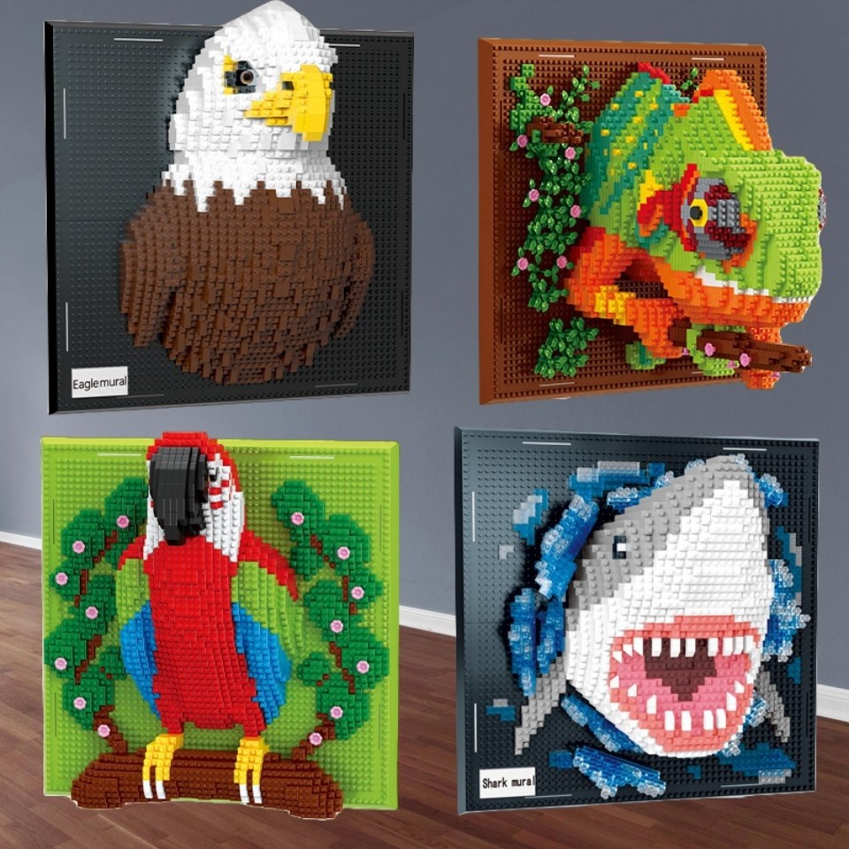

Creative Wall Art Frame Painting Featuring Sharks Eagles Parrots,DIY 3D Micro Animal Particle Building Block Toy,For Adults Gift