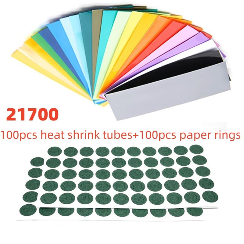 

100pcs 21700 Battery Wrap Sleeve Heat Shrink Tube + 100pcs Barley Paper Rings Shrinkable Insulated Skin PVC FilmTape Cover Pipe