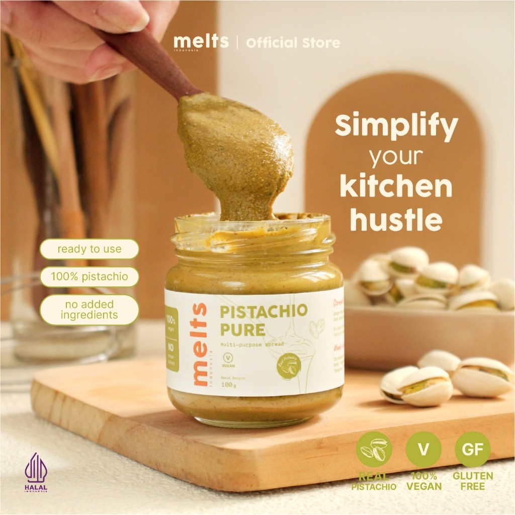 

Melts Pistachio Pure | Selai Paste kacang Plant Based Vegan untuk Roti Bahan Kue Baking Pastry Topping