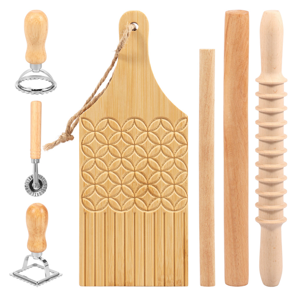 

7Pcs Pasta Making Tools Includes Spiral Rolling Pin Wooden Rolling Stick Gnocchi Board Ravioli Stamp Practical DIY Pasta Tool