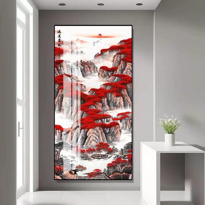 Lukisan Porcelain Pemandangan Cina Kaligrafi Huruf Cina Kuno FengShui 50 x 100