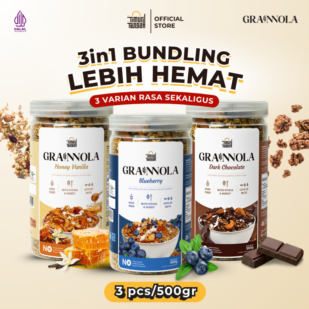 

[Paket Hemat] Bundling 3 in 1 Granola 500 gr All Varian Rasa Timur Tengah Grainnola Dark Chocolate Vanilla Honey Blueberry Coklat Camilan Sereal Makanan Sehat Rendah Kalori