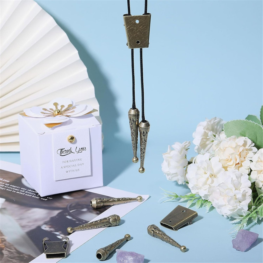 

12pc Bolo Tie Findings Kit 8Pcs Bolo Tie Tips Replacement End Caps & 4pcs Iron Bolo Tie Slider for DIY Bolo Tie Making BJADD