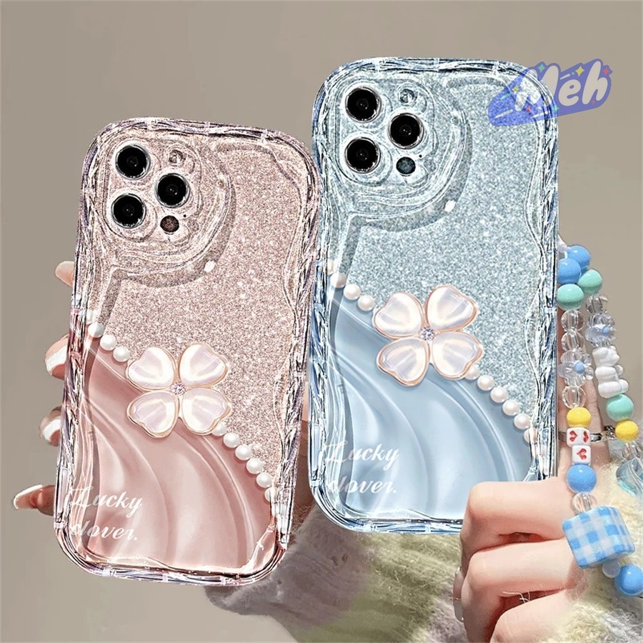 Case HP iPhone 13 Lanyard Blue Glitter Pola busur mutiara Soft Case Wave Edge TPU Case iPhone X XS M