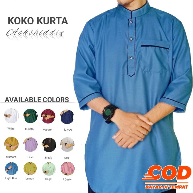 ERVINA.ID KOKO KURTA ASHSHIDDIQ - BAJU KOKO KURTA PRIA DEWASA LENGAN 3/4 WARNA MUSTARD PUTIH HIJAU B
