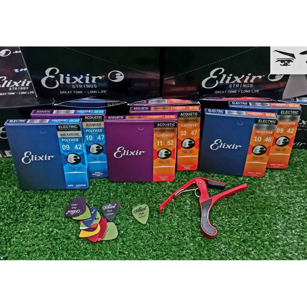 TERASHOP Senar Gitar Akustik/Listrik Elixir [1set+capobesi+pick] Import Terbaik Anti karat