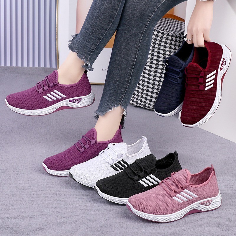 ☀ Sunly ☀  SEP101 (Tanpa Kotak) Sepatu Sneakers Wanita Size 36-42 7 Warna Simple Polos Ringan Garis 