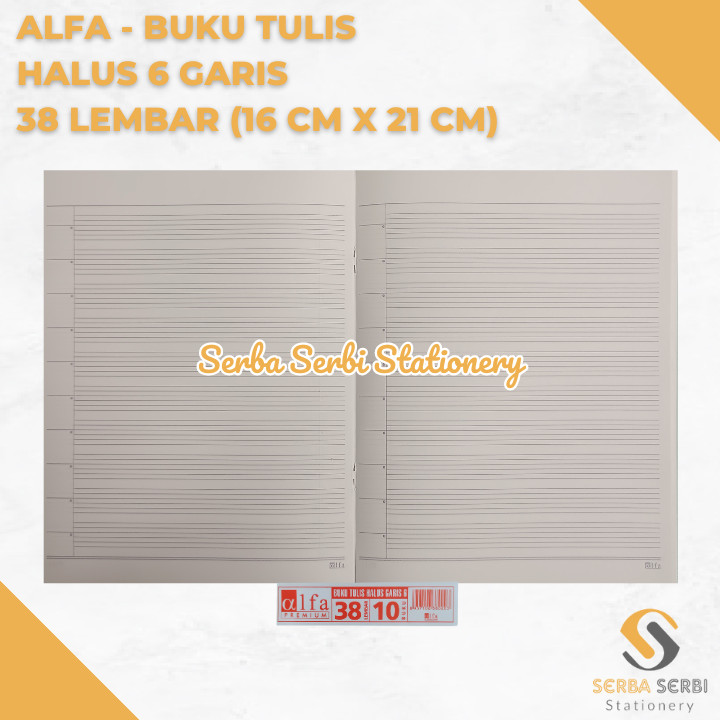 

GROSIR (1 BIJI) ALFA - BUKU TULIS HALUS 6 GARIS ISI 38 LEMBAR (16 CM X 21 CM)