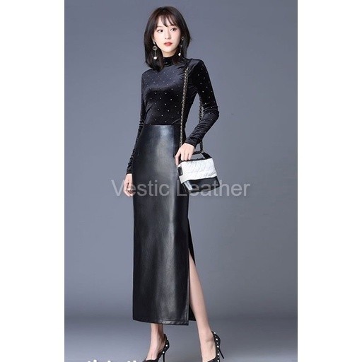 Rok kulit span pensil Wanita kekinian medium skirt korea span pencil midi belah pinggir model korea 