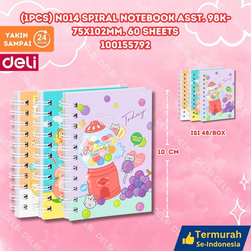 

Deli Spiral Notebook (1PCS) N014 SPIRAL NOTEBOOK ASST 98K-75X120MM 60 SHEETS